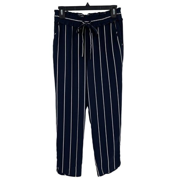 Zara Trafaluc Relaxed Tapered Leg Vertical Stripe Crop Pants Tie Waist Navy XS - Picture 1 of 10